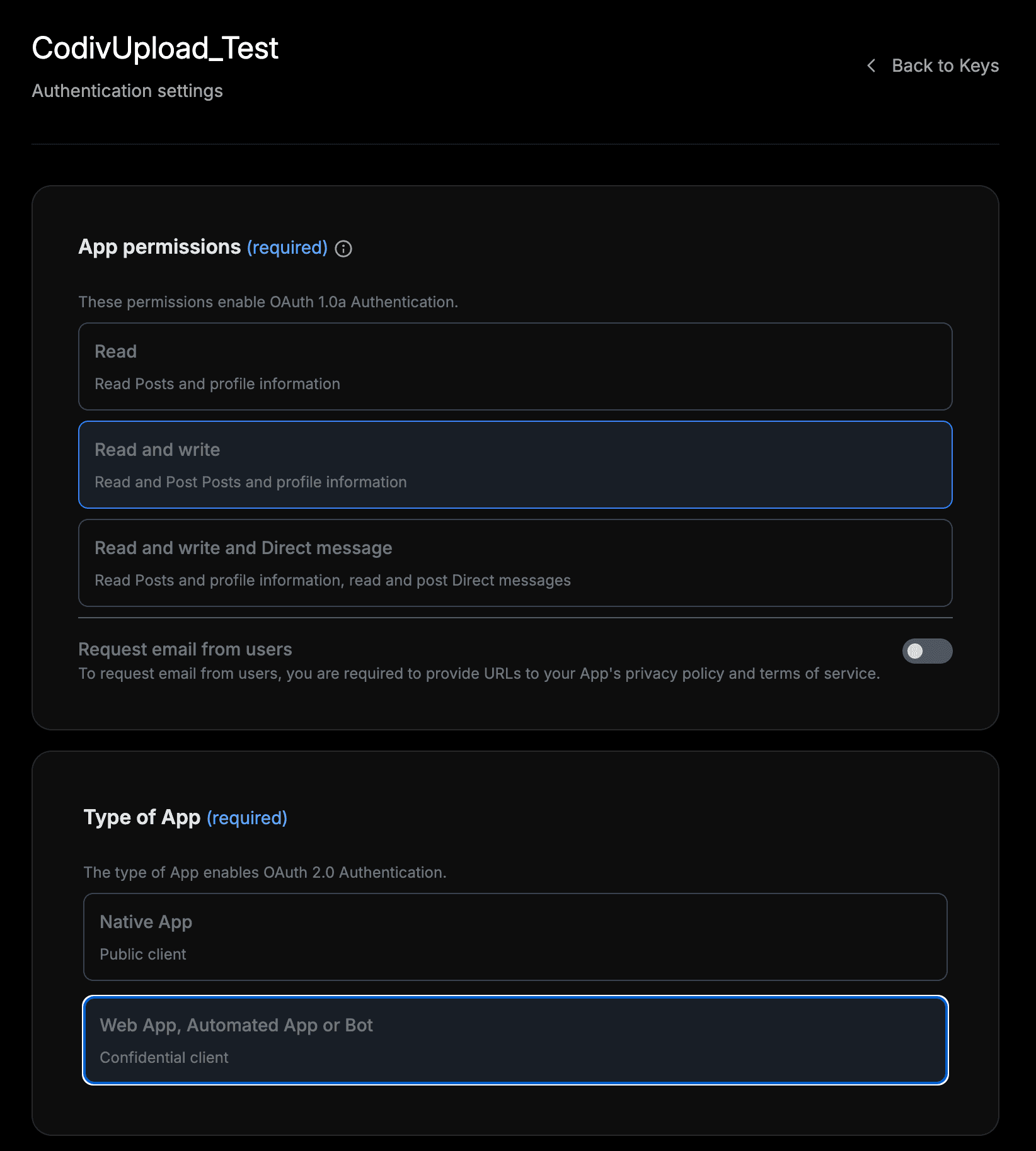 App permissions set to Read and write, Type of App set to Web App, Automated App or Bot