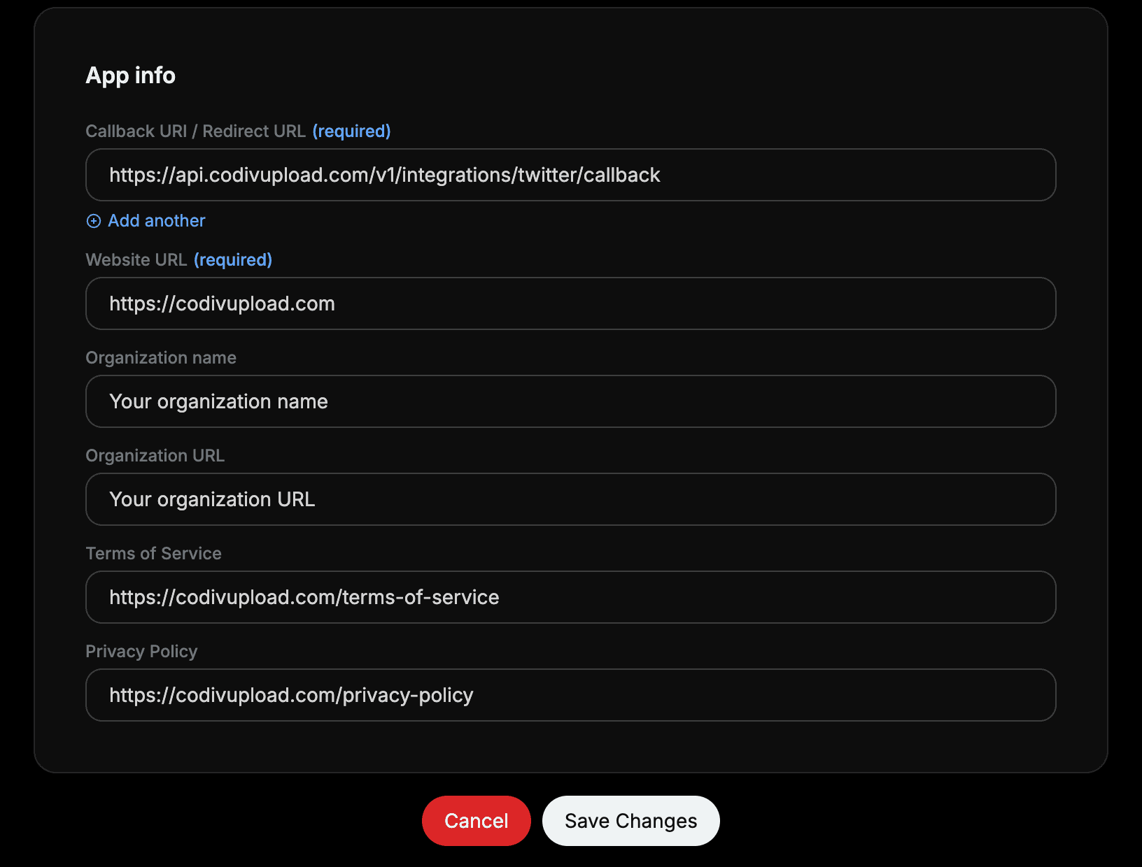 App info form filled with callback URL, website URL, and policy URLs