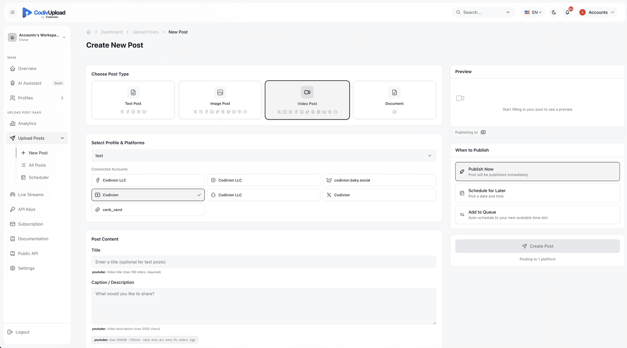 CodivUpload post composer with per-platform preview and AI caption assistant