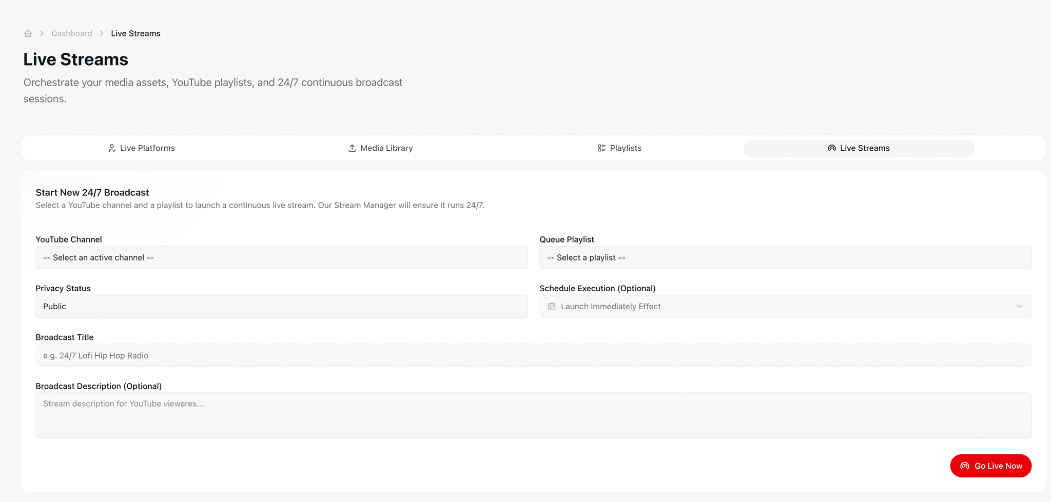 CodivUpload 24/7 YouTube live stream dashboard with active broadcasts and uptime metrics