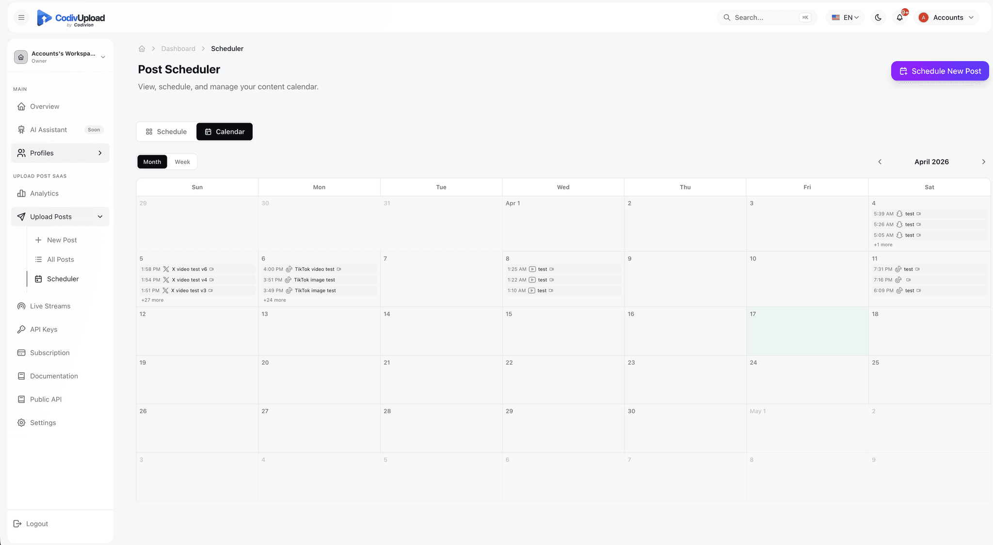 CodivUpload post scheduler with monthly calendar showing dozens of bulk-queued videos