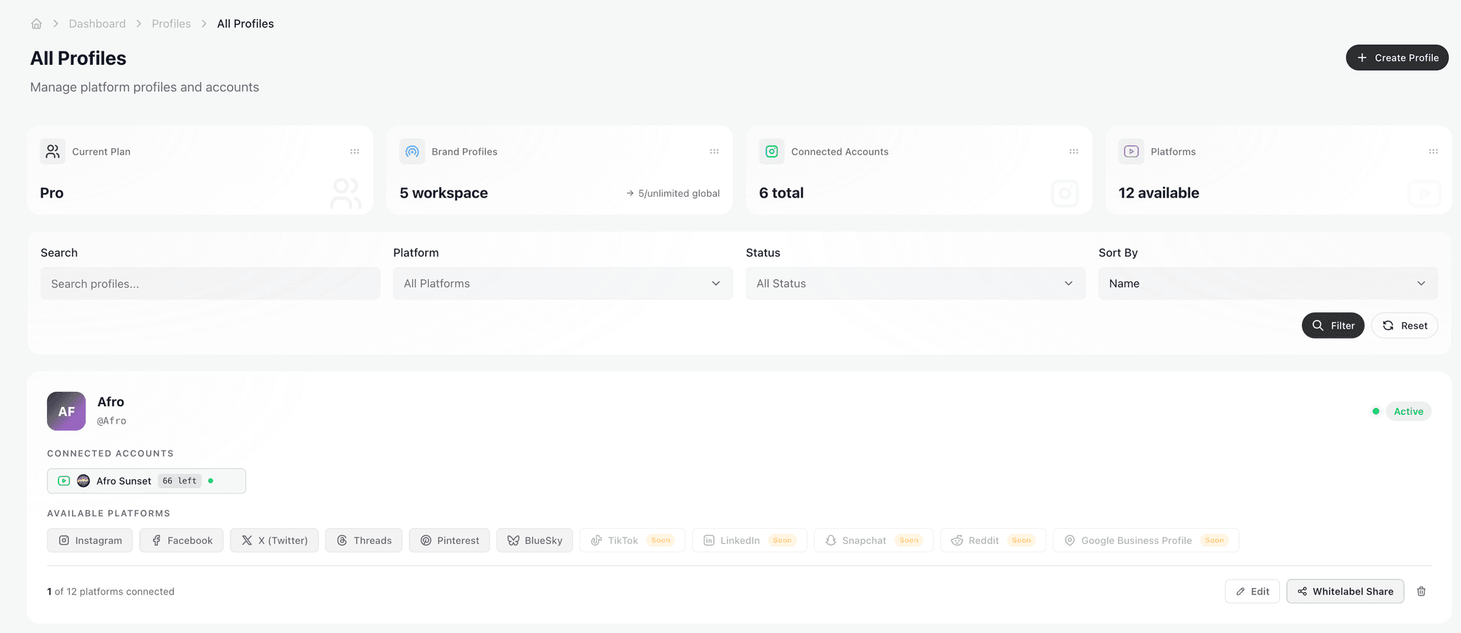 Connected social media profiles in CodivUpload dashboard with platform connection status, token health, and posting quota — the same shape returned by the list_profiles MCP tool