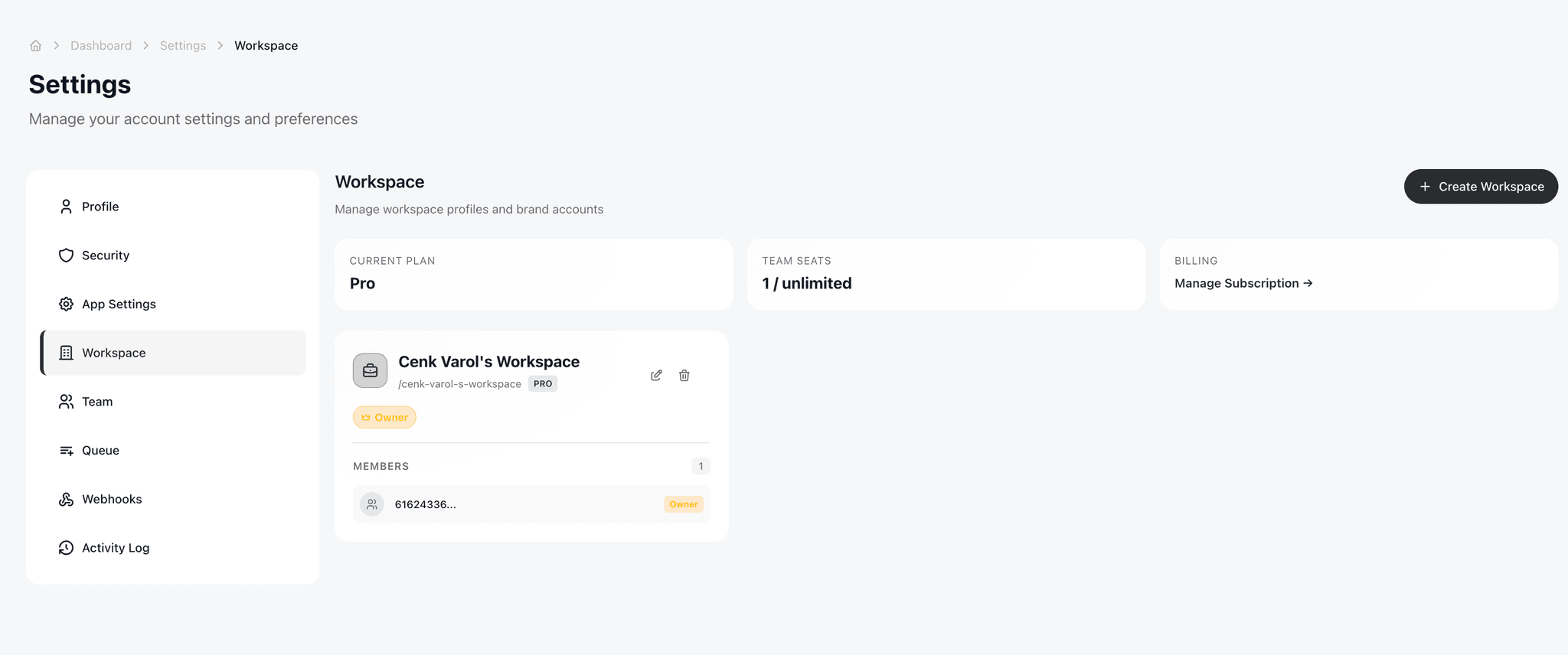 CodivUpload workspace management screen showing multiple workspaces with billing and member counts